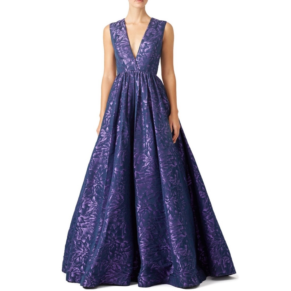 Monique Lhuillier Floral Jacquard Open Back Gown